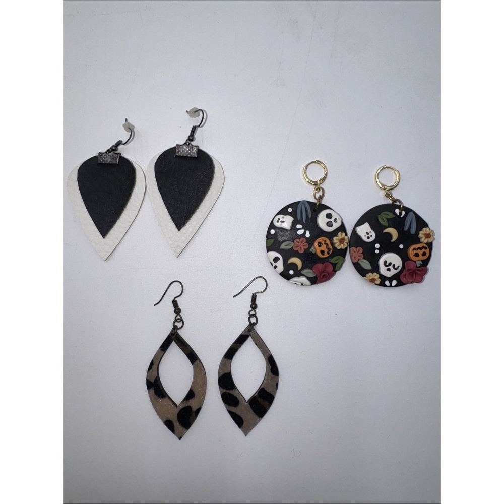 Three Pair Dangle Pierced Earrings Handmade Leather Cheetah Halloween Clay Black